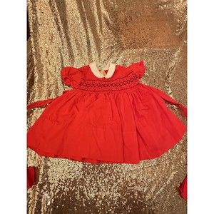 Vintage C.I. Castro Red Baby Dress  6-9M Bib Eyelet Puff Sleeve Lace Christmas